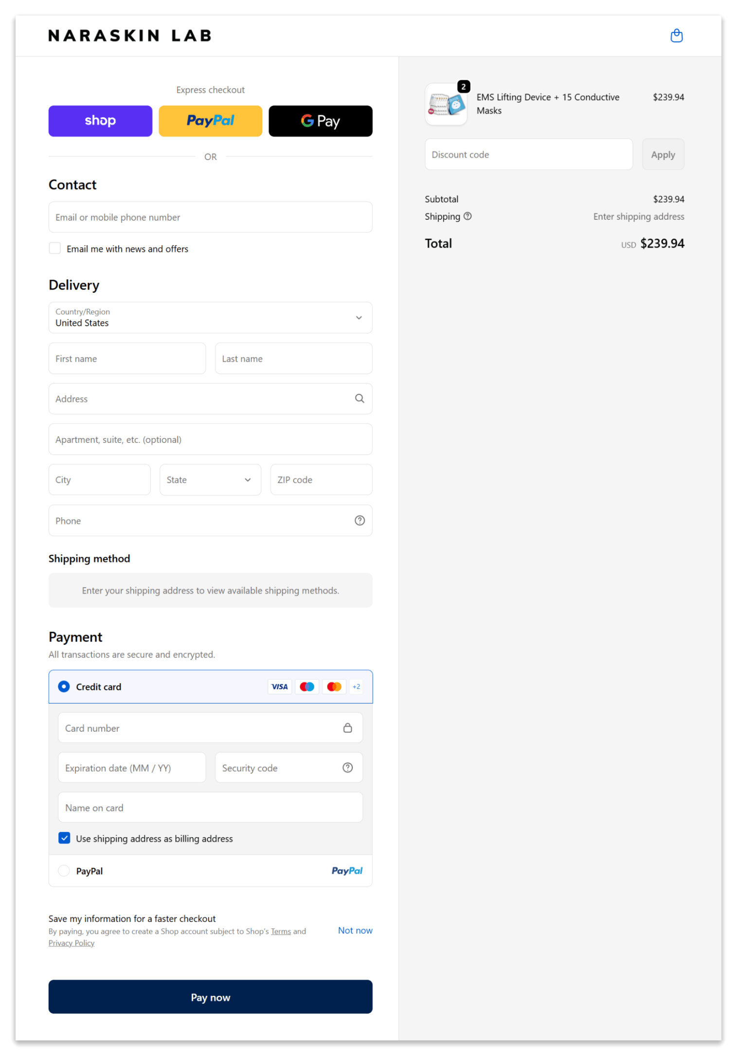 Naraskin Lab Skin Care secure checkout page